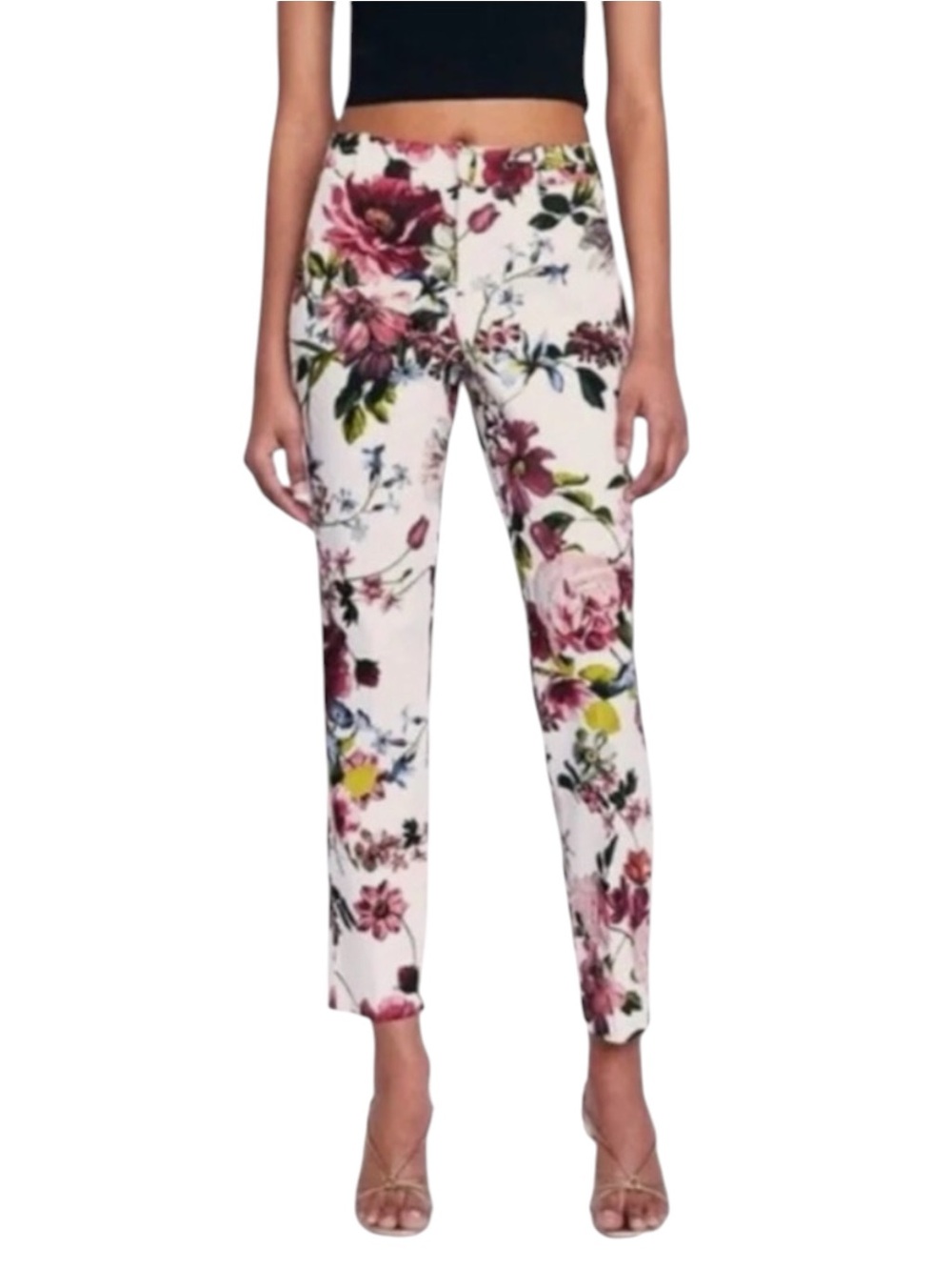 Zara Woman Floral Skinny Ankle Pants White Pink Stretch Trouser Size 4
